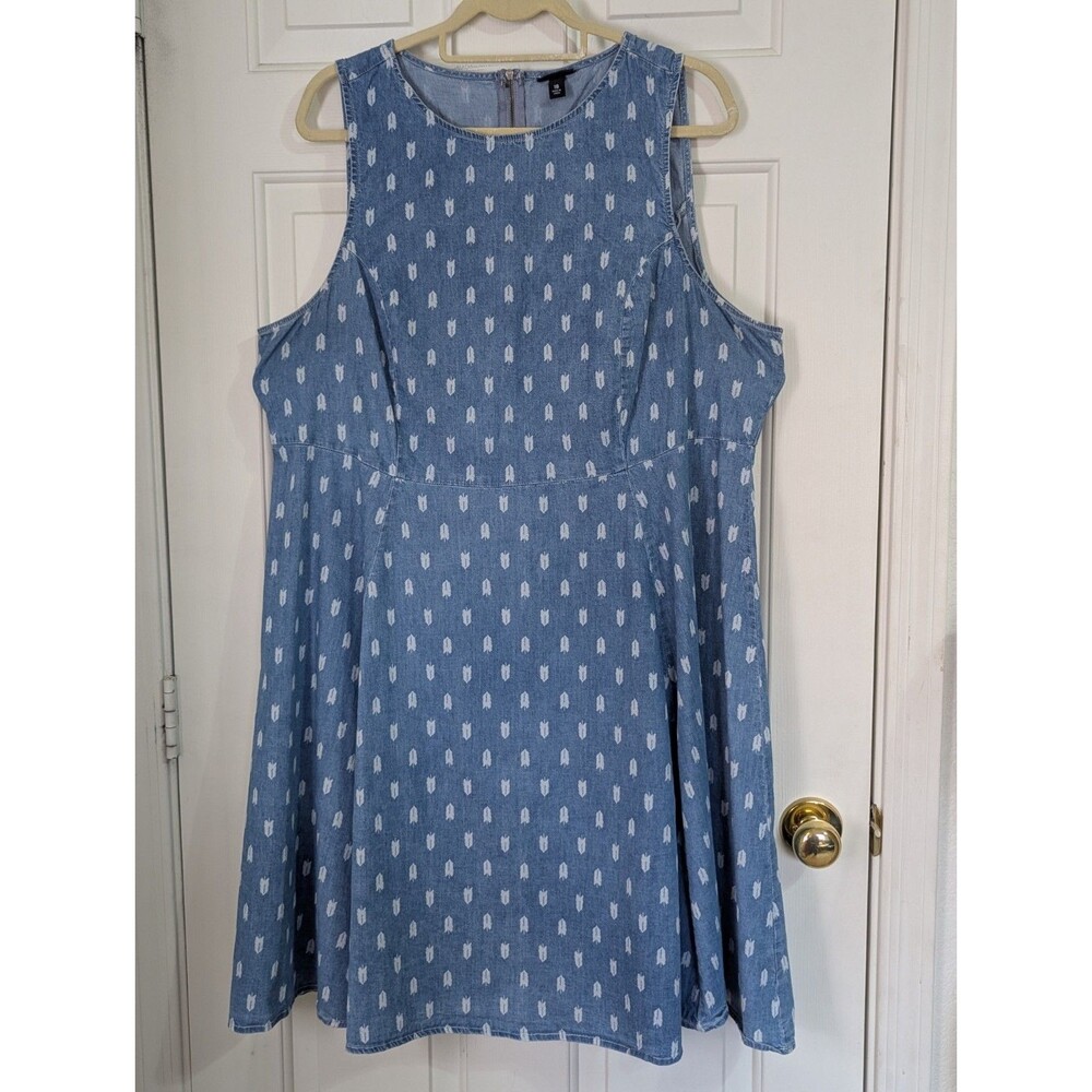 Torrid Denim Fit-Flare Sleeveless Dress Womens 16 Blue Feather Boho Western EUC